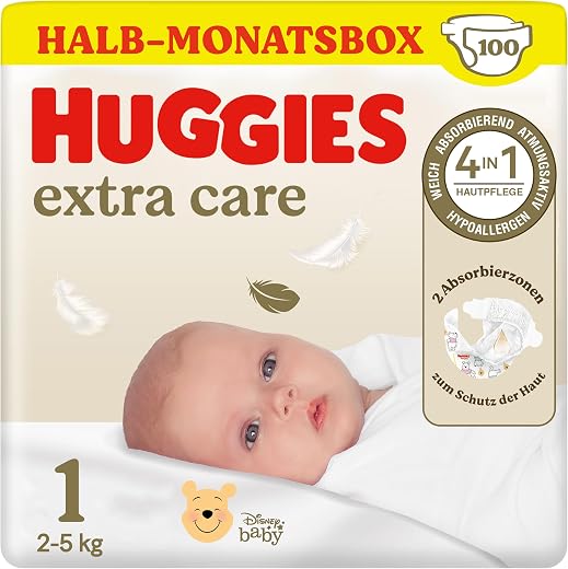 Huggies Babywindeln für Neugeborene – Grösse 1 (100 Stück, Halb-Monatsbox)