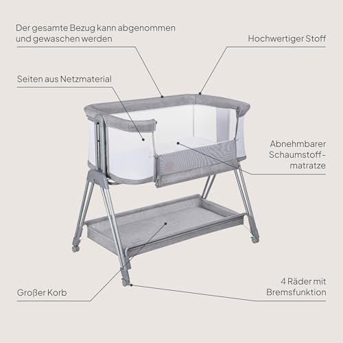 Lionelo Luna Beistellbett mit Matratze – Grau