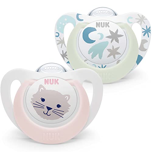 NUK Star Schnuller – 0–6 Monate, Day & Night, BPA-frei, 2er-Pack, Rosa Katze
