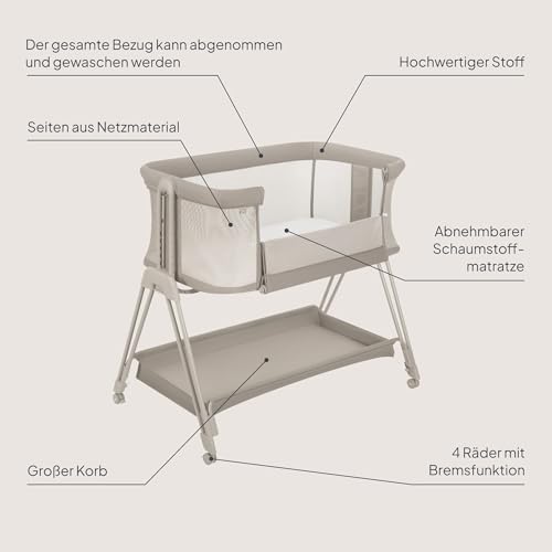 Lionelo Luna A Beistellbett mit Matratze – Beige