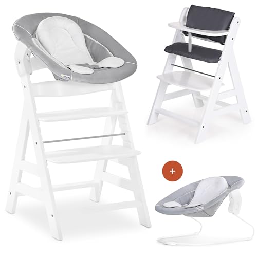 hauck Alpha Plus Newborn Set mit 2in1 Bouncer – Holz-Hochstuhl mit Neugeboreneneinsatz – Weiss