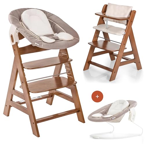 hauck Alpha Plus Newborn Set mit 2in1 Bouncer – Holz-Hochstuhl mit Neugeboreneneinsatz – Walnuss