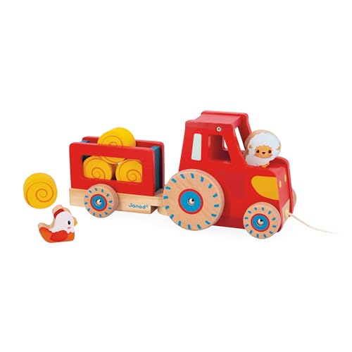 Janod Nachziehtraktor aus FSC-Holz mit Anhänger – J03317